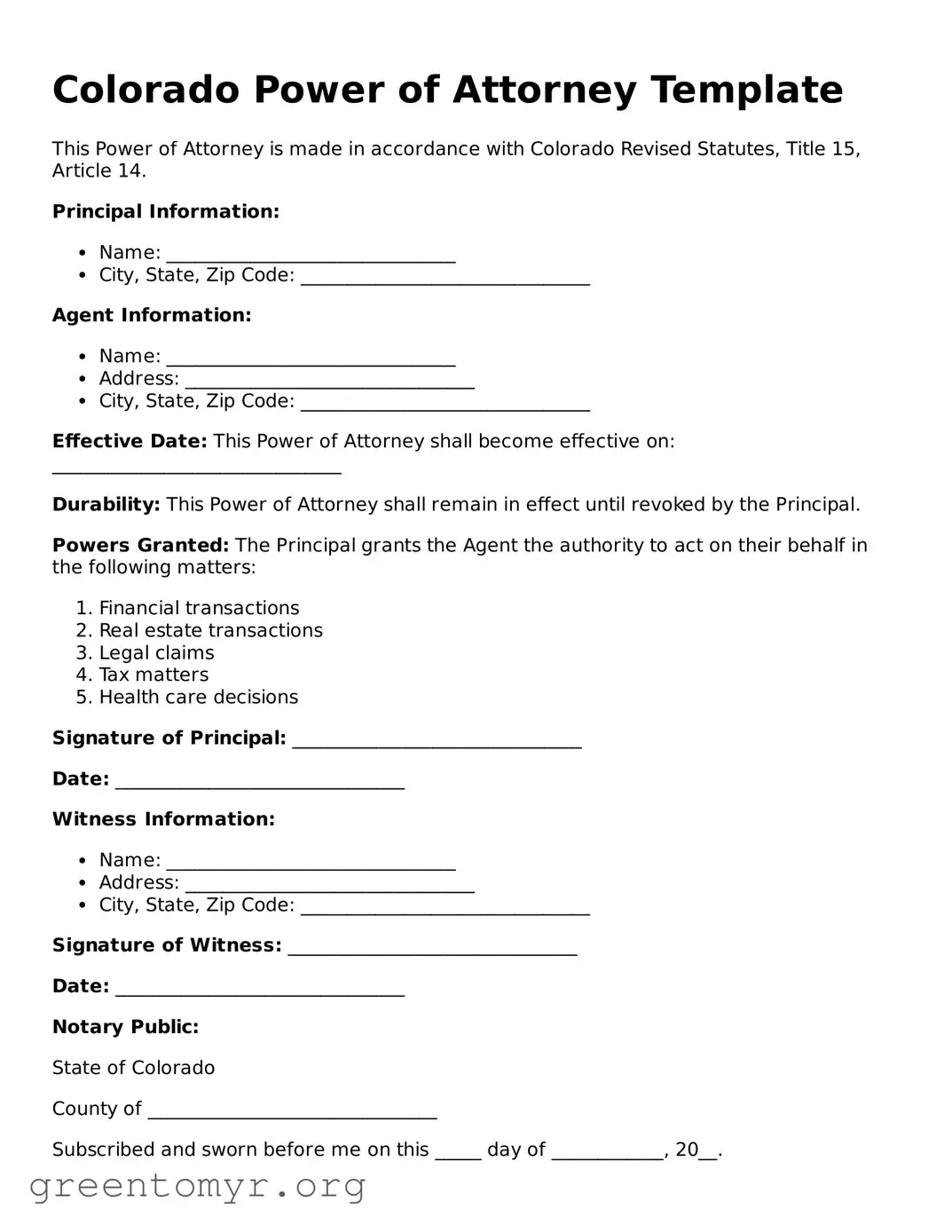 Power of Attorney Form for the State of Colorado