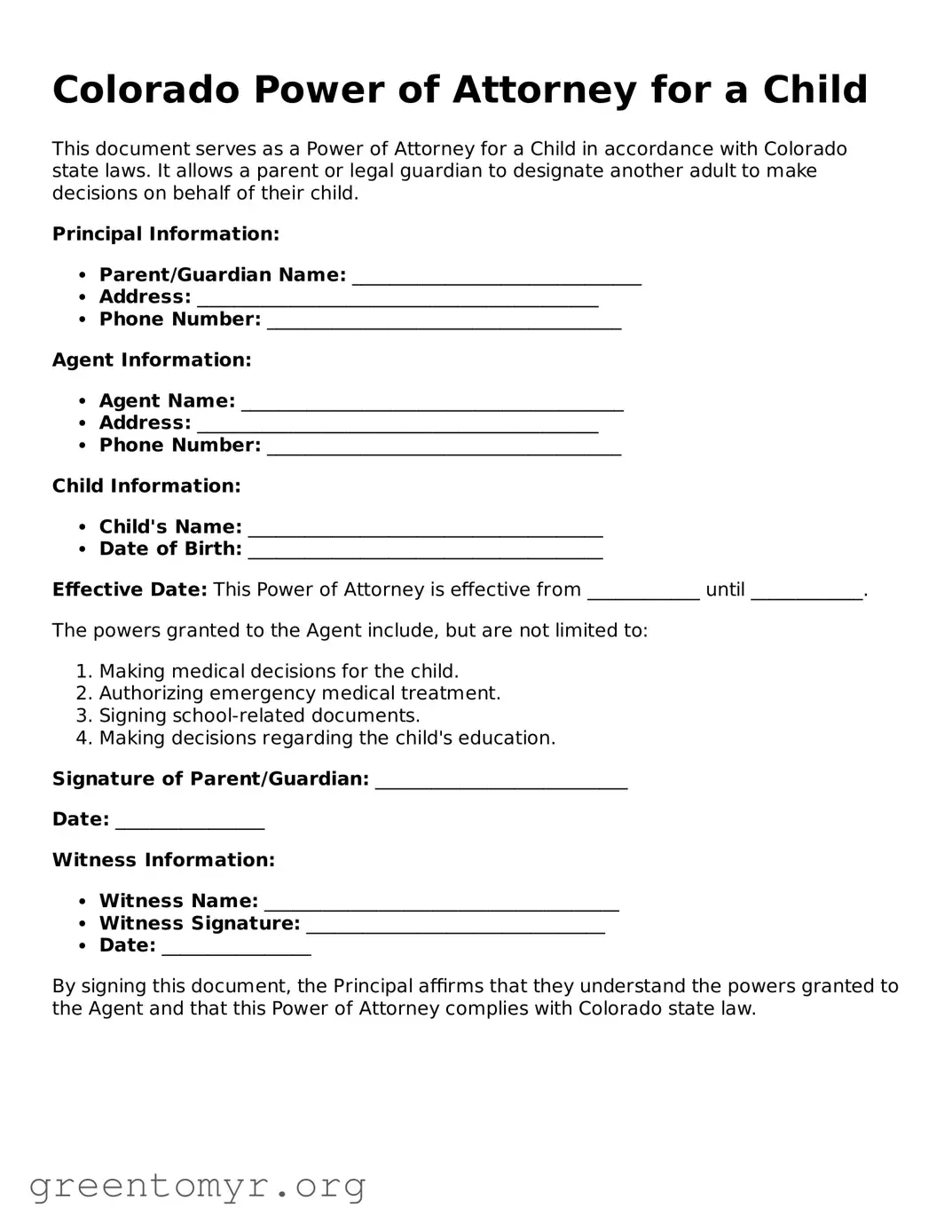 Power of Attorney for a Child Form for the State of Colorado