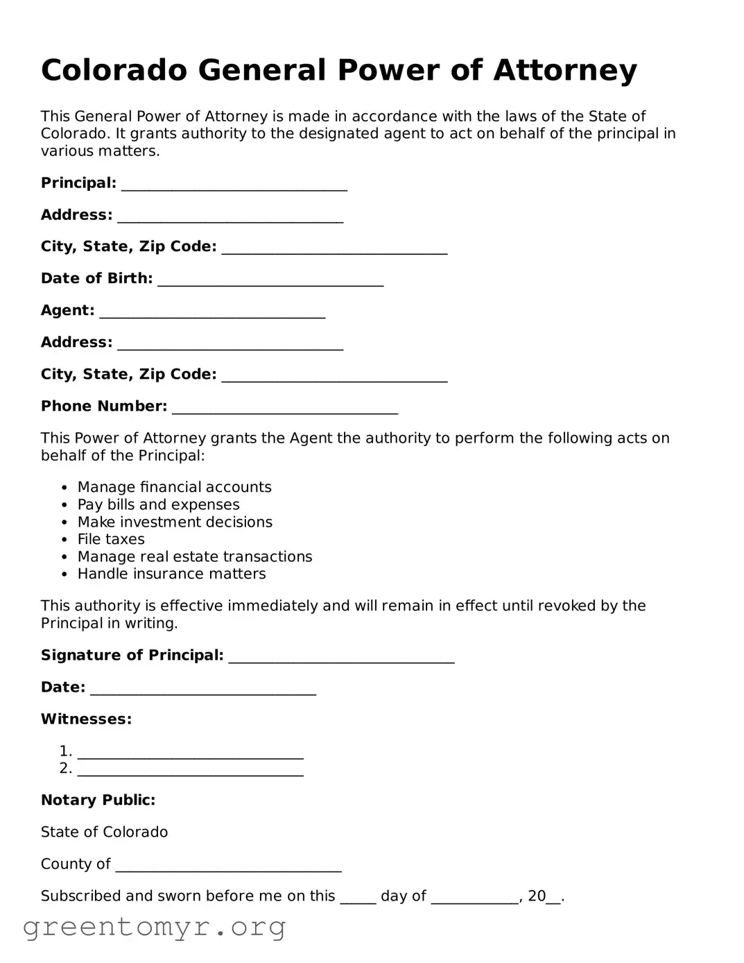General Power of Attorney Form for the State of Colorado