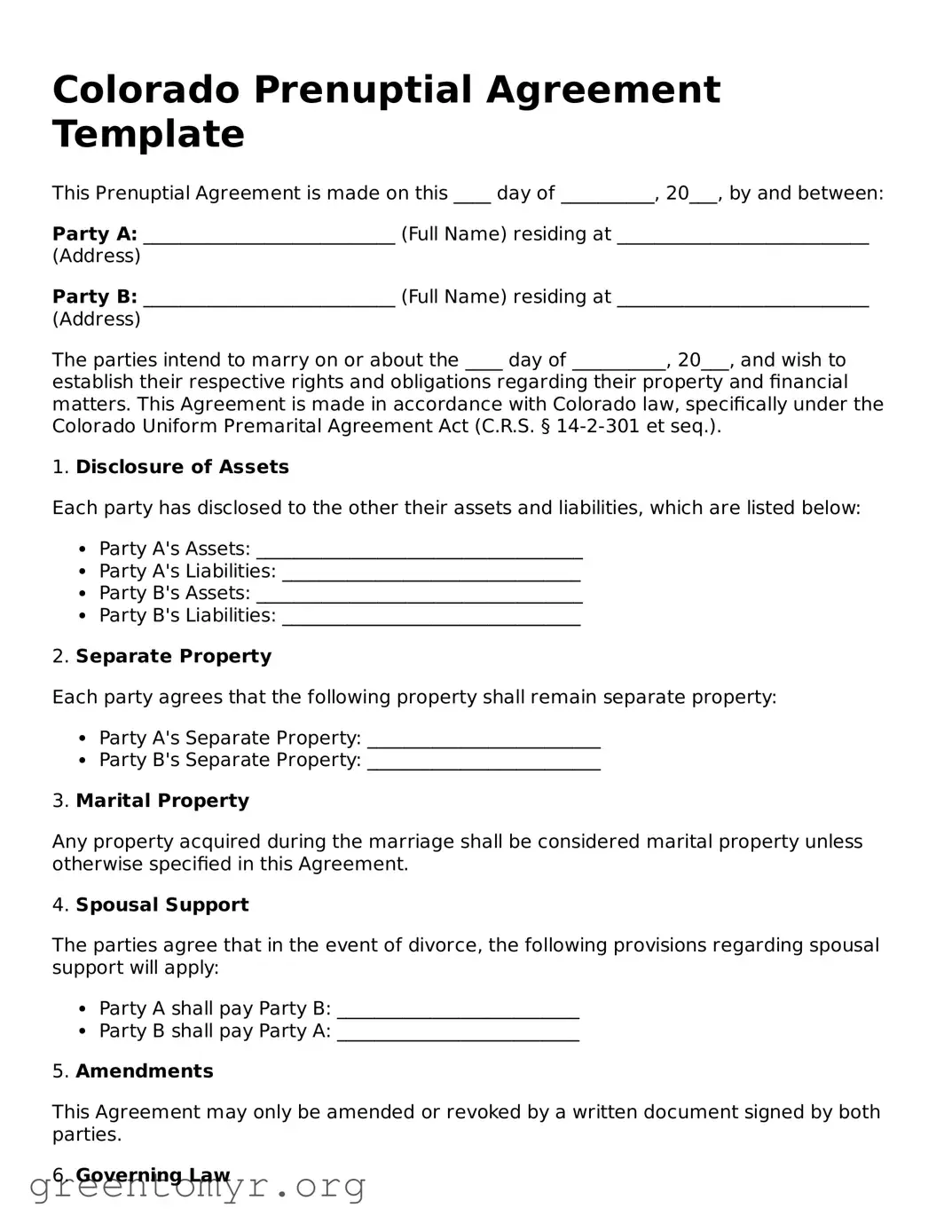 Prenuptial Agreement Form for the State of Colorado