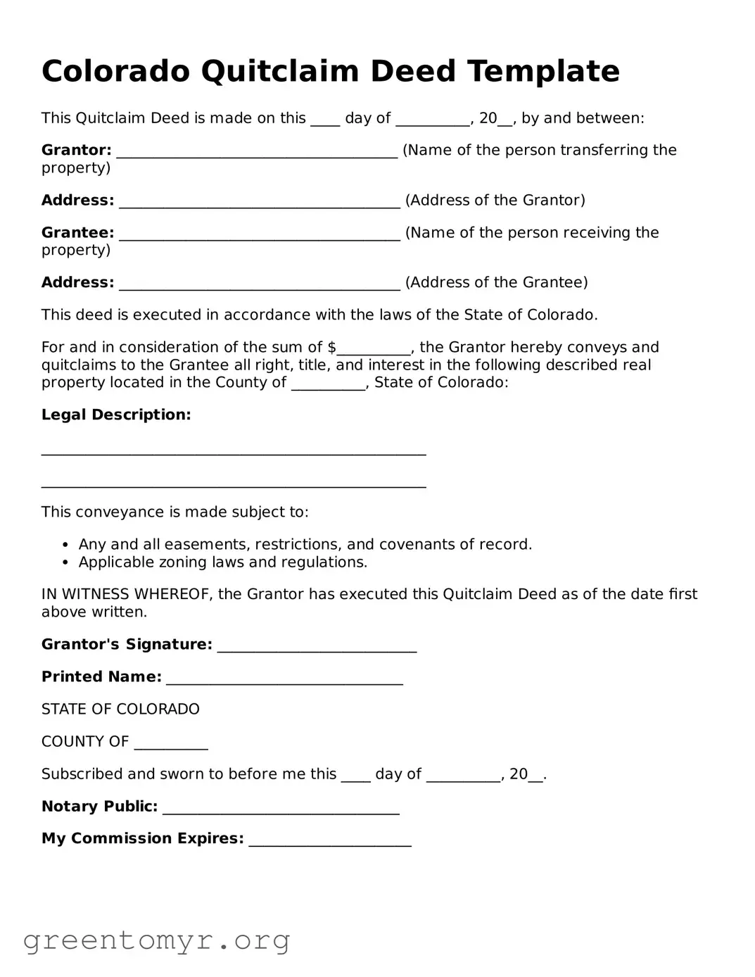 Quitclaim Deed Form for the State of Colorado