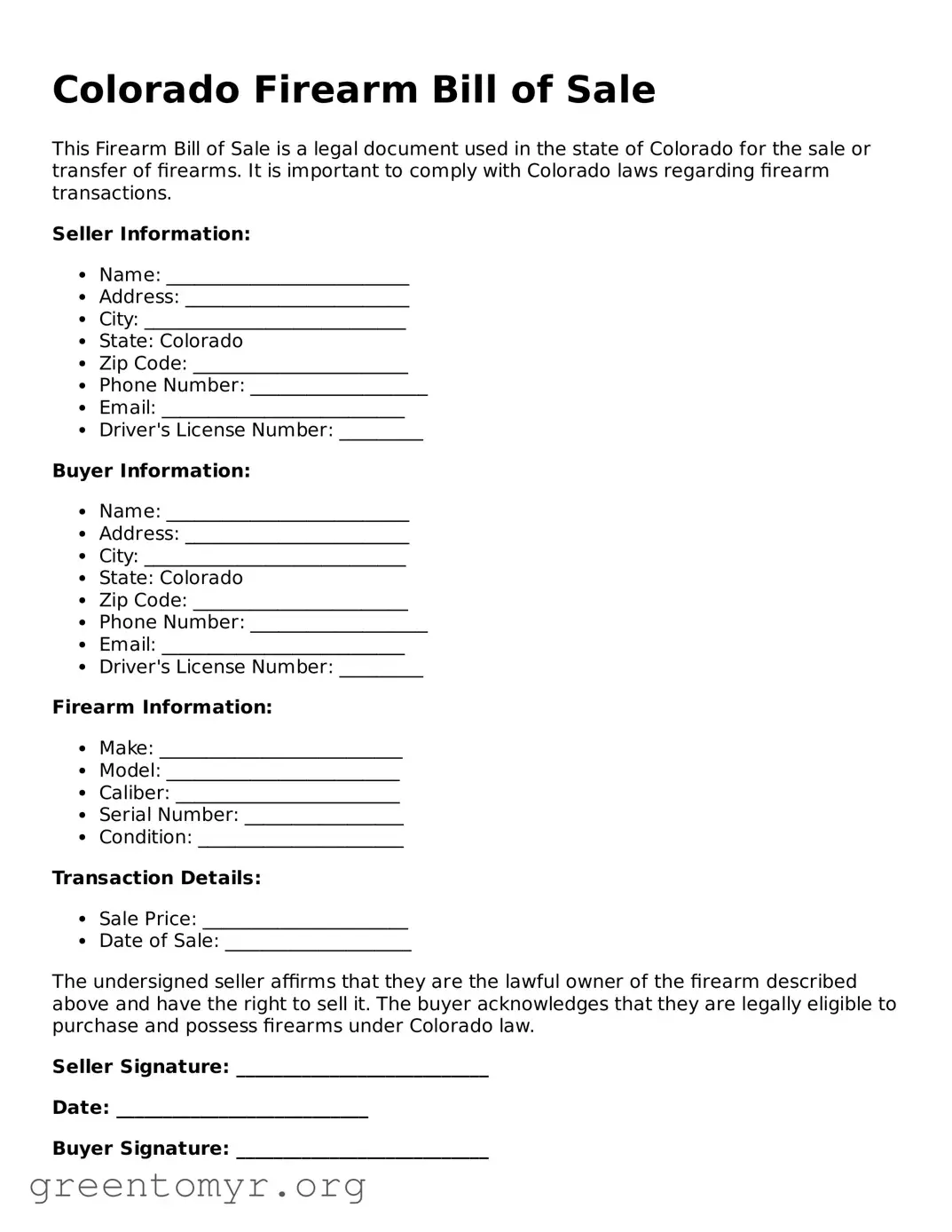 Firearm Bill of Sale Form for the State of Colorado