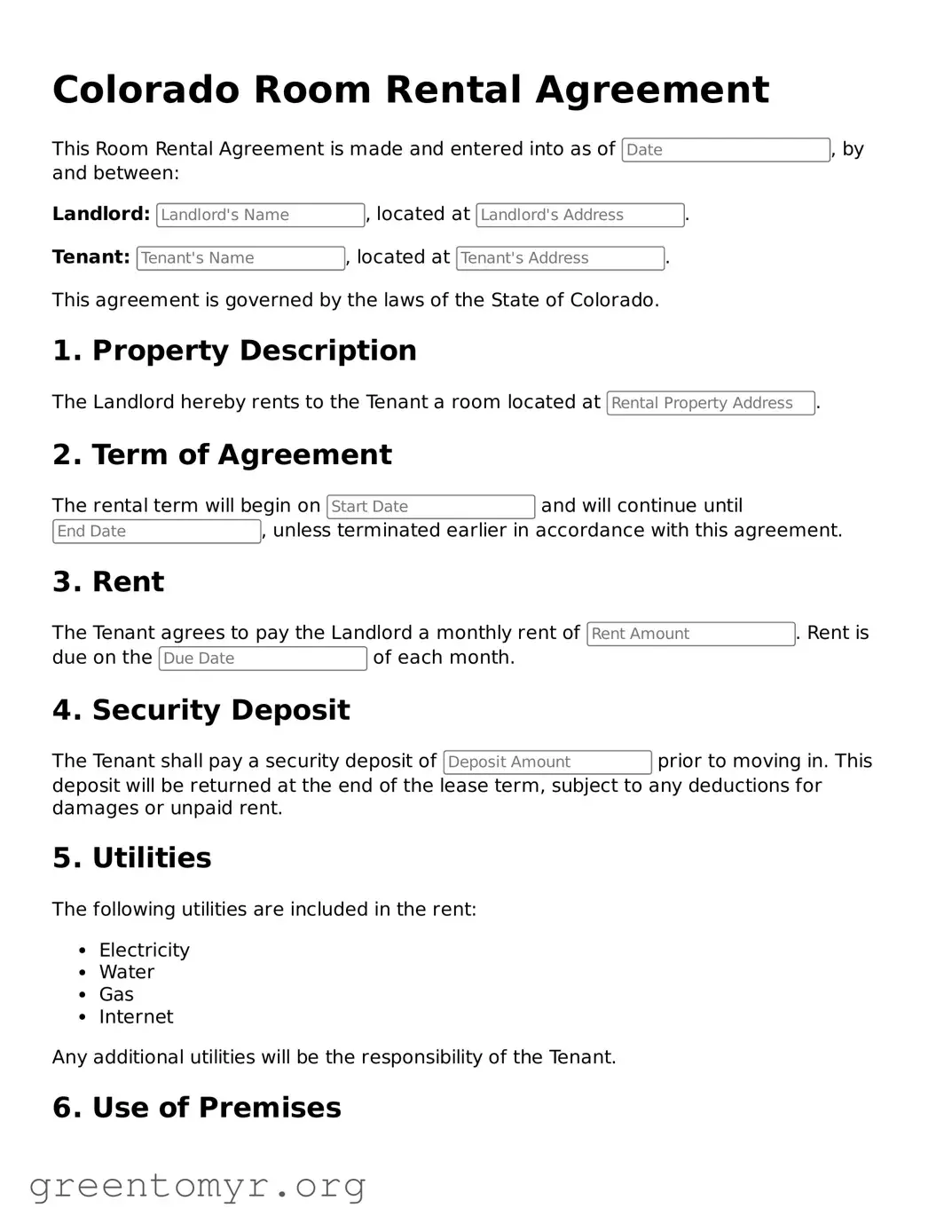 Room Rental Agreement Form for the State of Colorado