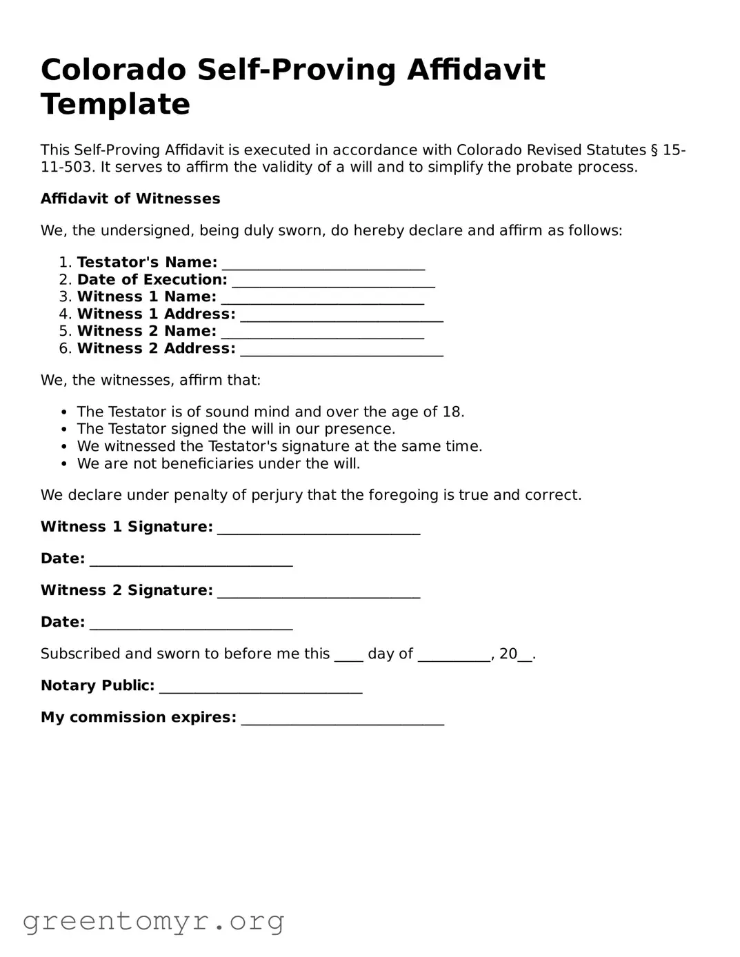 Self-Proving Affidavit Form for the State of Colorado