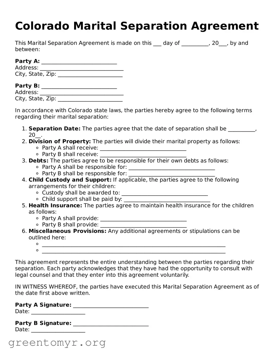 Marital Separation Agreement Form for the State of Colorado