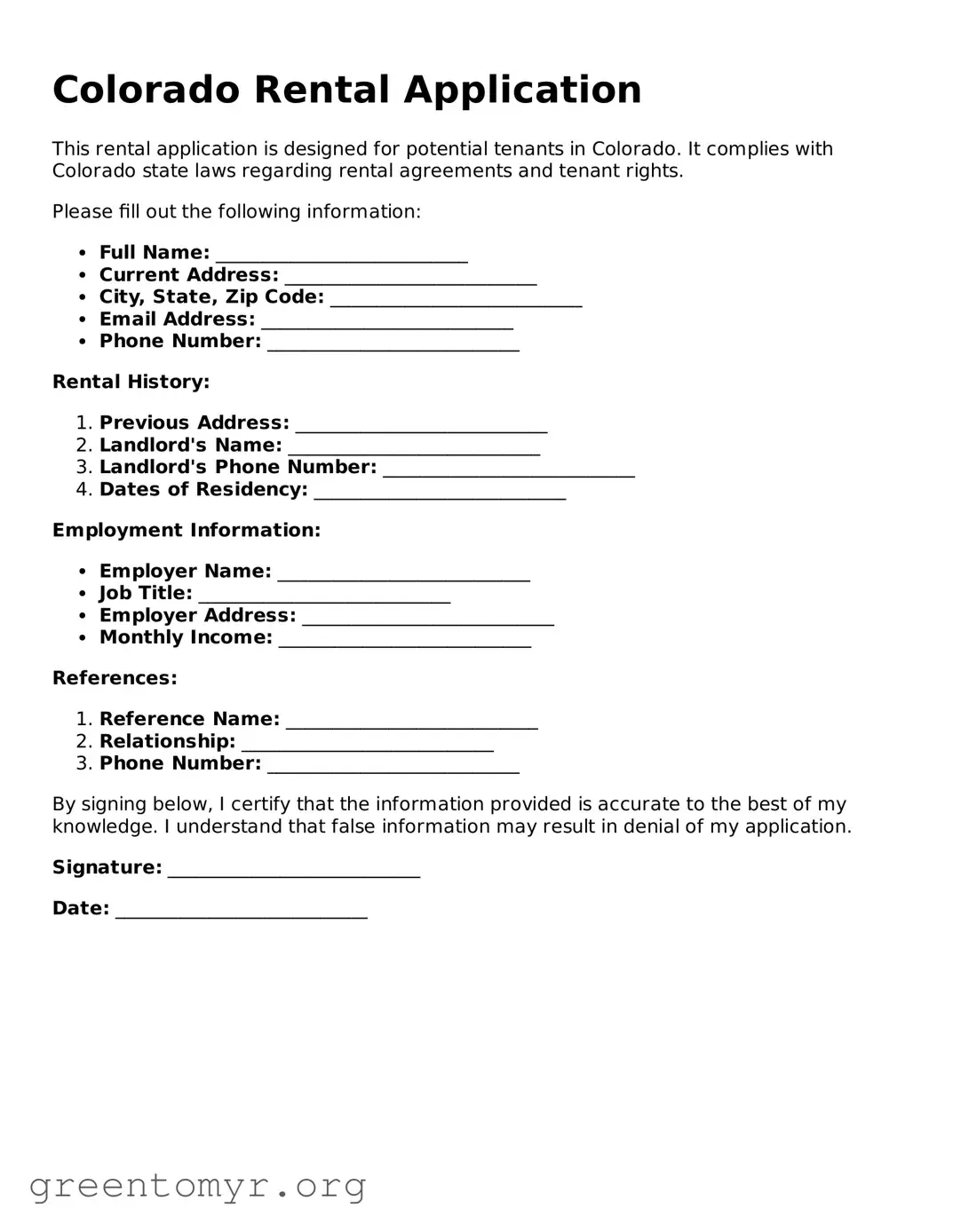 Rental Application Form for the State of Colorado