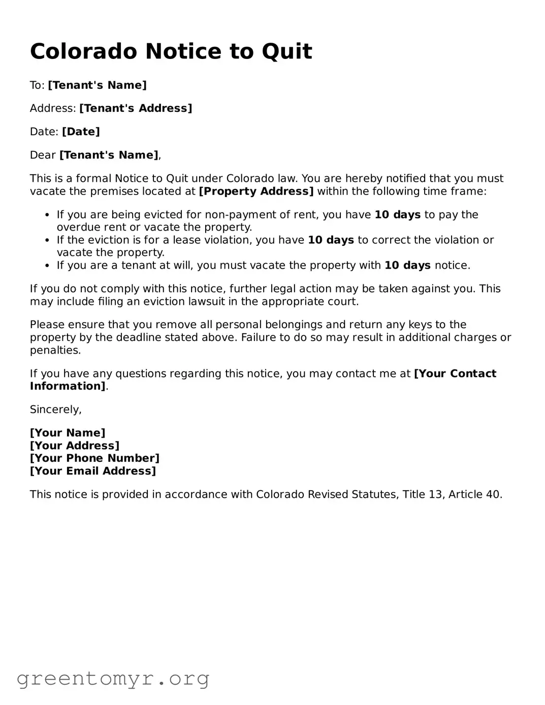 Notice to Quit Form for the State of Colorado