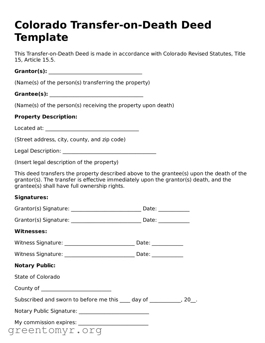 Transfer-on-Death Deed Form for the State of Colorado
