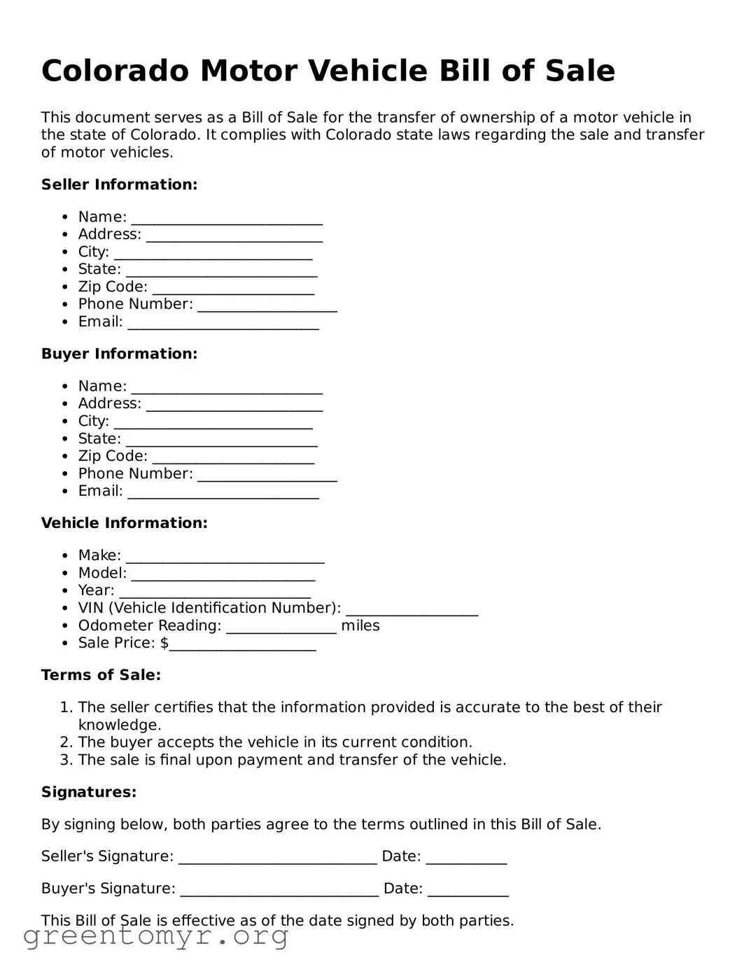 Motor Vehicle Bill of Sale Form for the State of Colorado