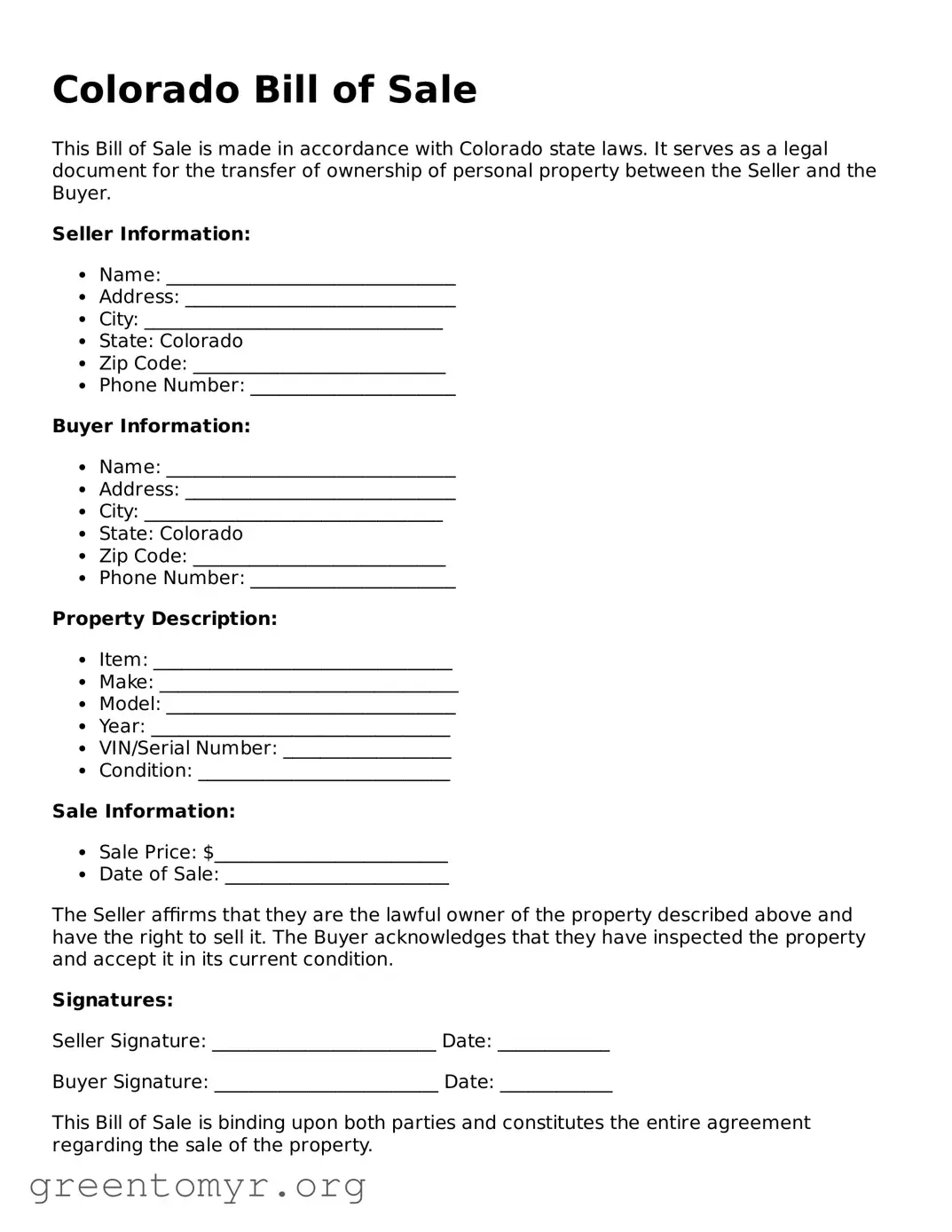Bill of Sale Form for the State of Colorado