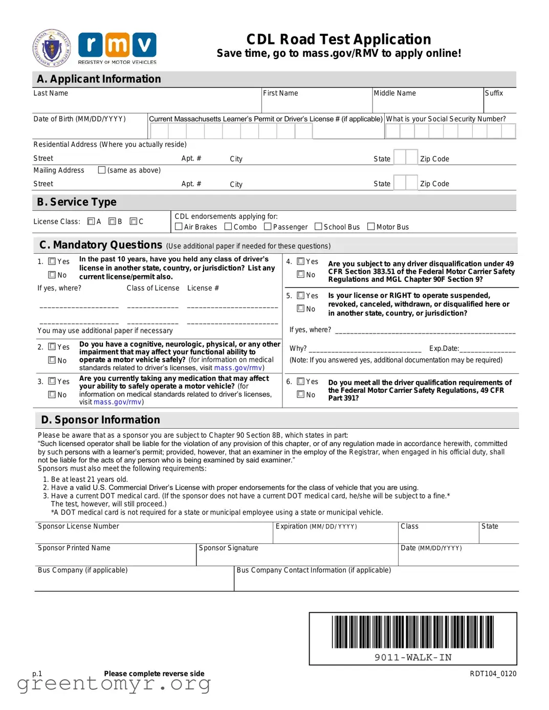 Fill in a Valid Massdot Cdl Road Test Application Template