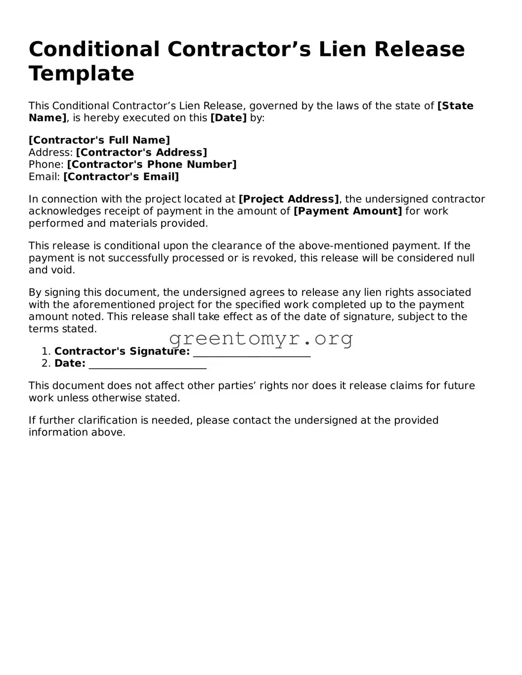 Valid Conditional Contractor’s Lien Release Form