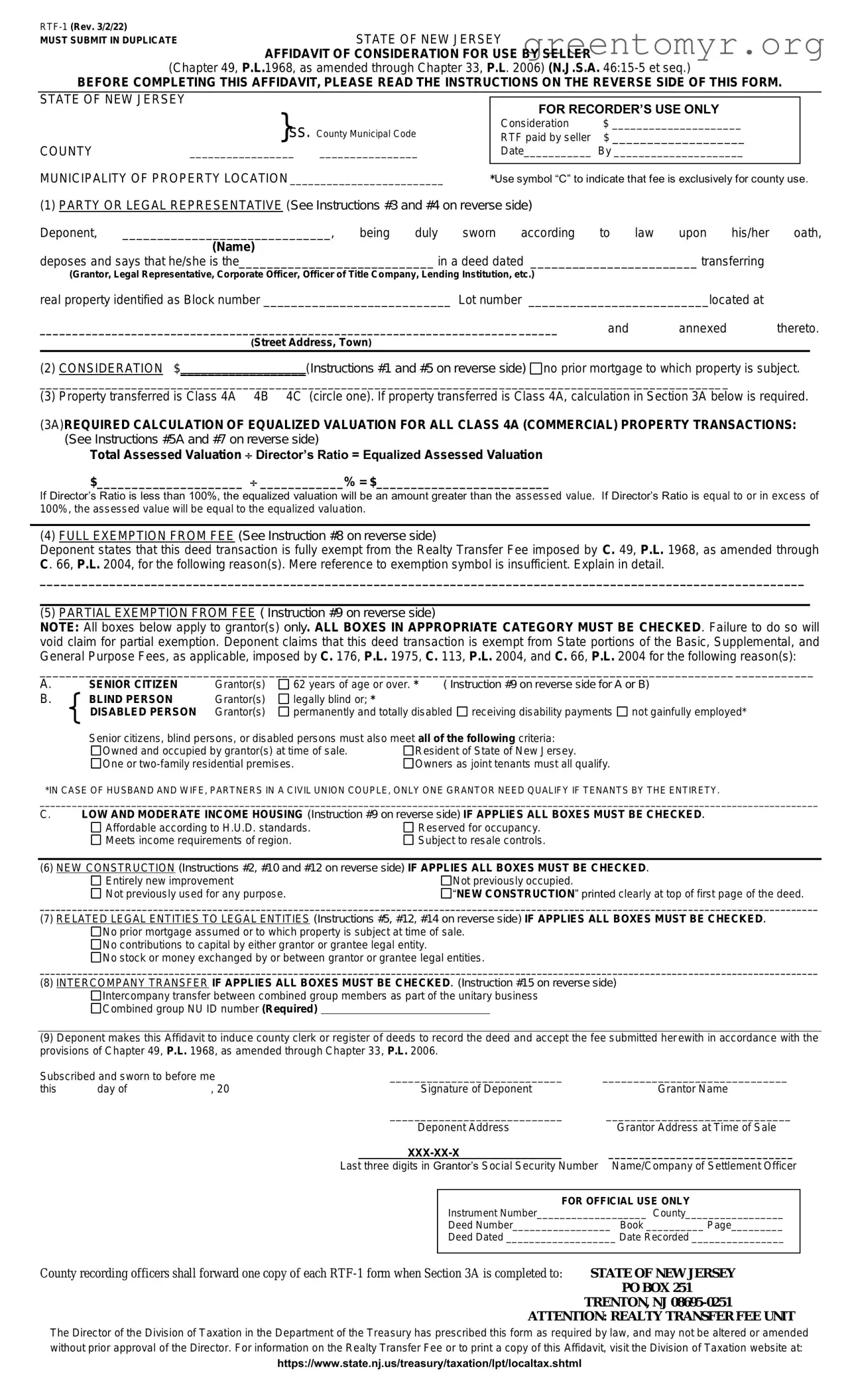 Fill in a Valid New Jersey Affidavit of Consideration RTF-1 Template