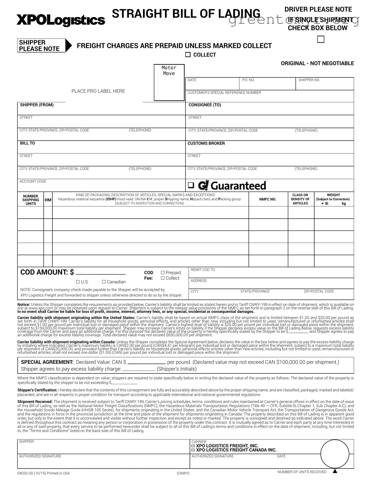 Fill in a Valid Xpo Logistics Bill Of Lading Template