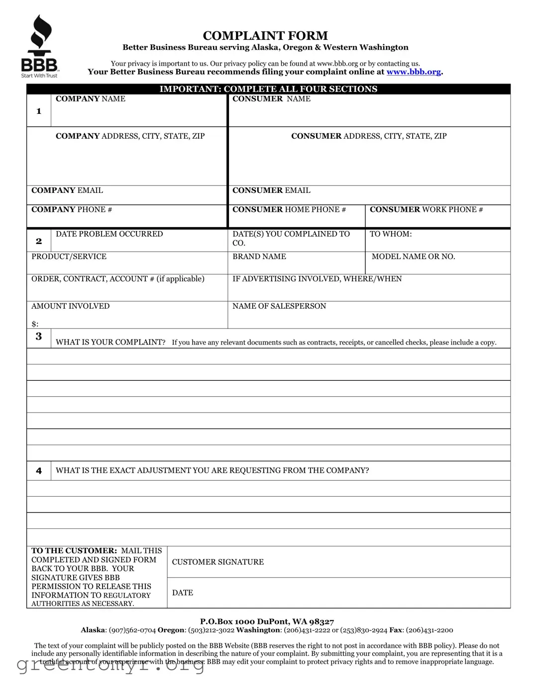 Fill in a Valid Bbb Complaint Template