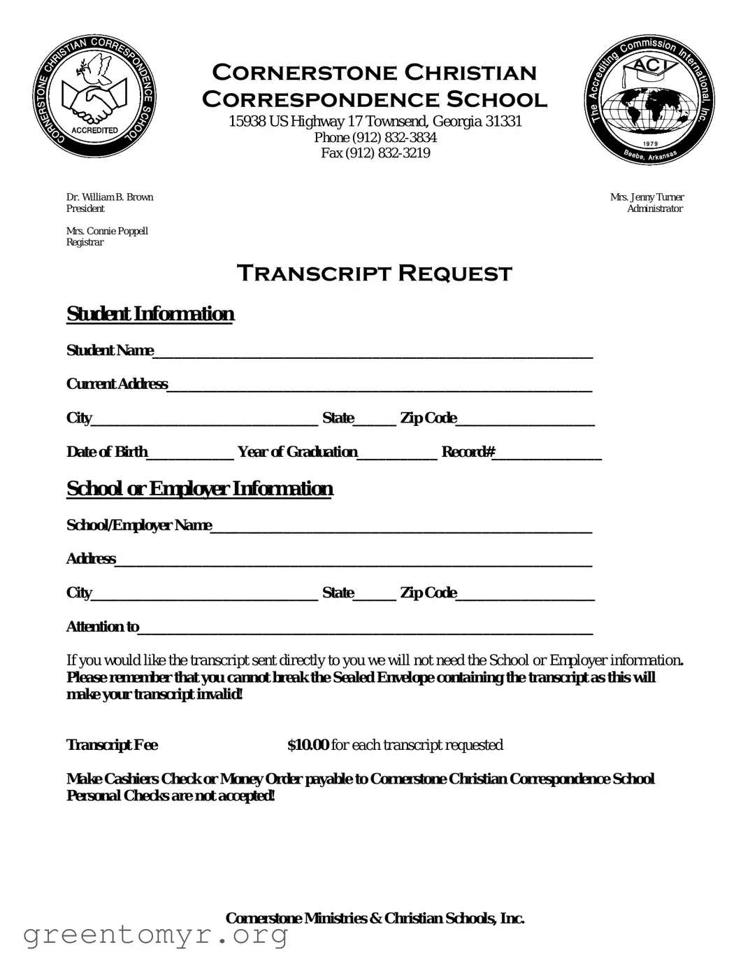 Fill in a Valid Cornerstone Christian Correspondence School Transcript Template
