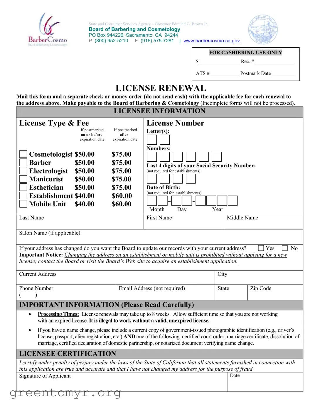 Fill in a Valid Cosmetology License Renewal California Template