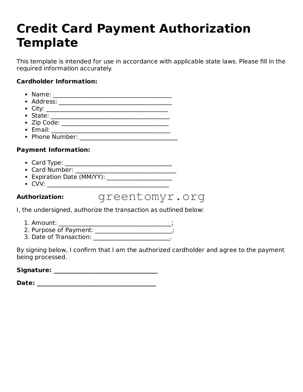 Valid Credit Card Payment Authorization Form