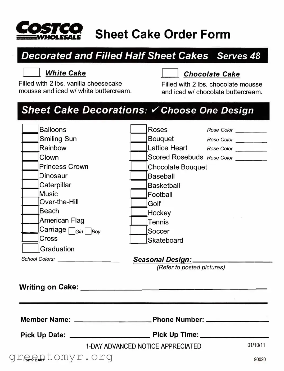 Fill in a Valid Costco cake order form Template