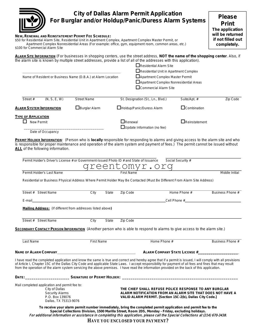 Fill in a Valid Dallas Alarm Permit Application Template