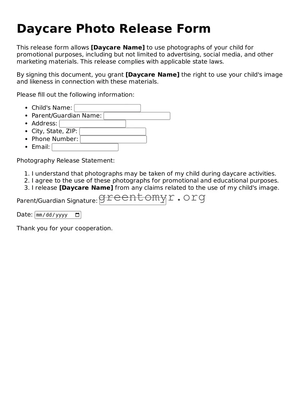 Valid Daycare Photo Release Form