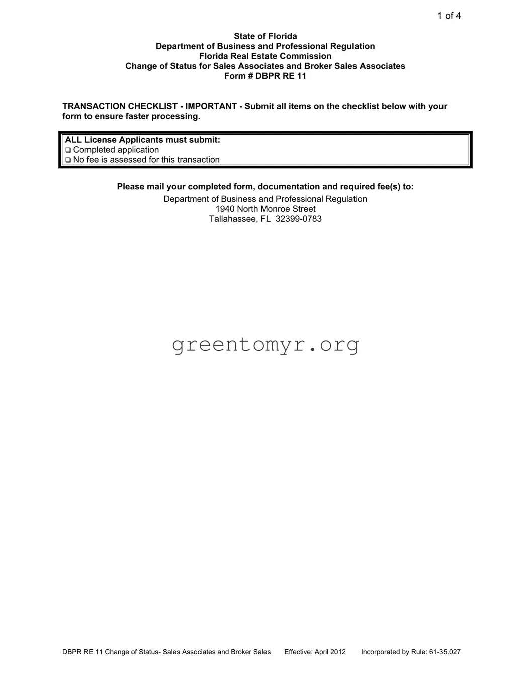 Fill in a Valid Dbpr Re 11 Template