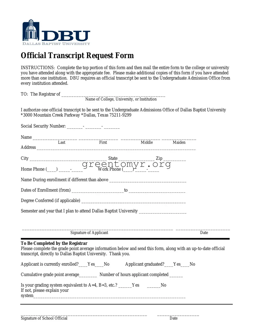 Fill in a Valid Dbu Transcript Request Template