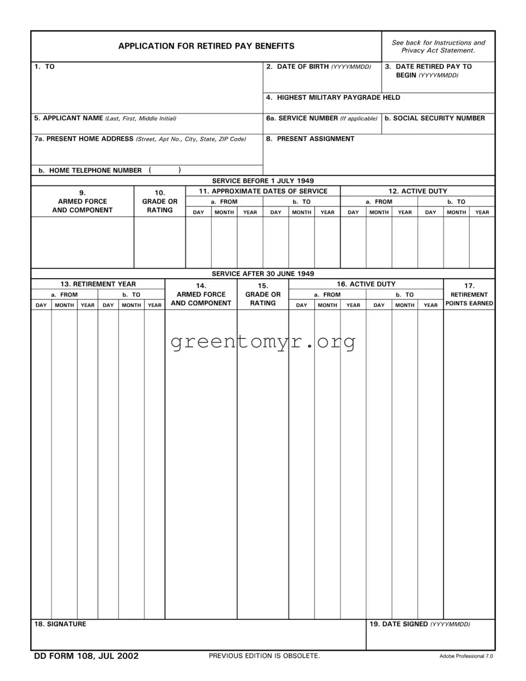 Fill in a Valid Dd 108 Template