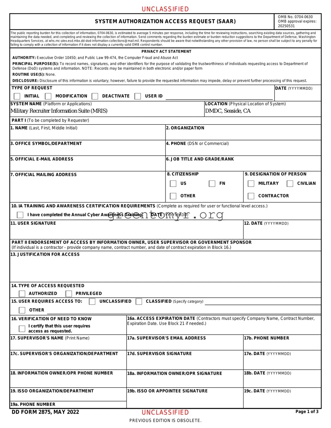 Fill in a Valid Dd 2875 Template