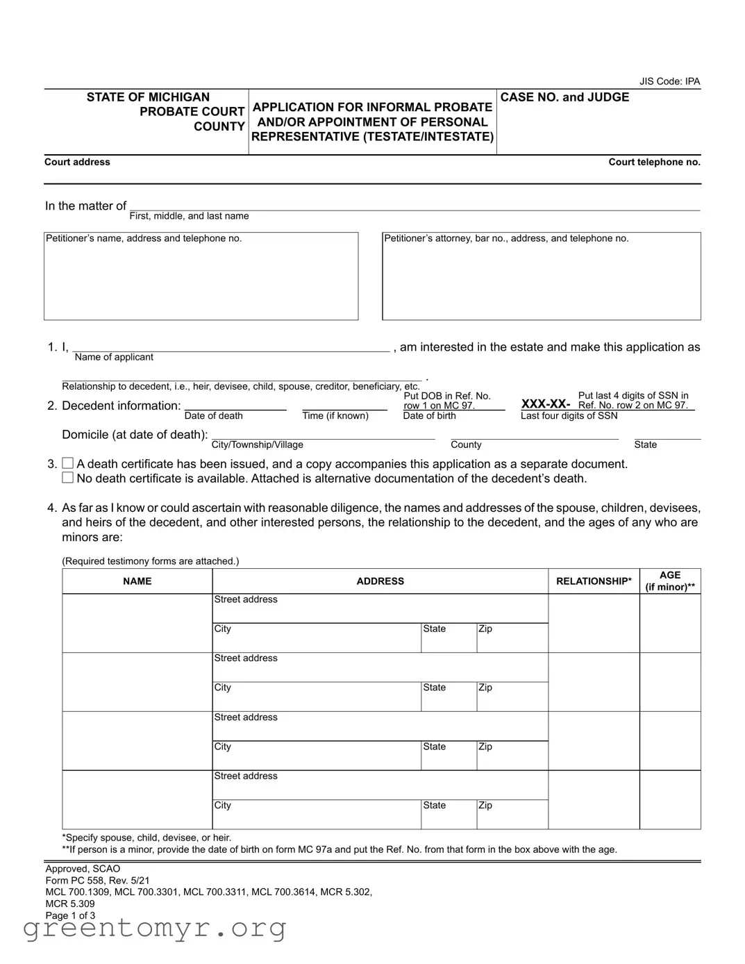 Fill in a Valid Michigan Pc 558 Template