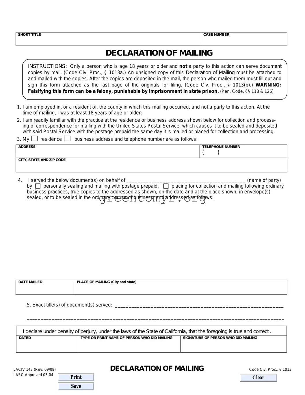 Fill in a Valid Declaration Of Mailing Template