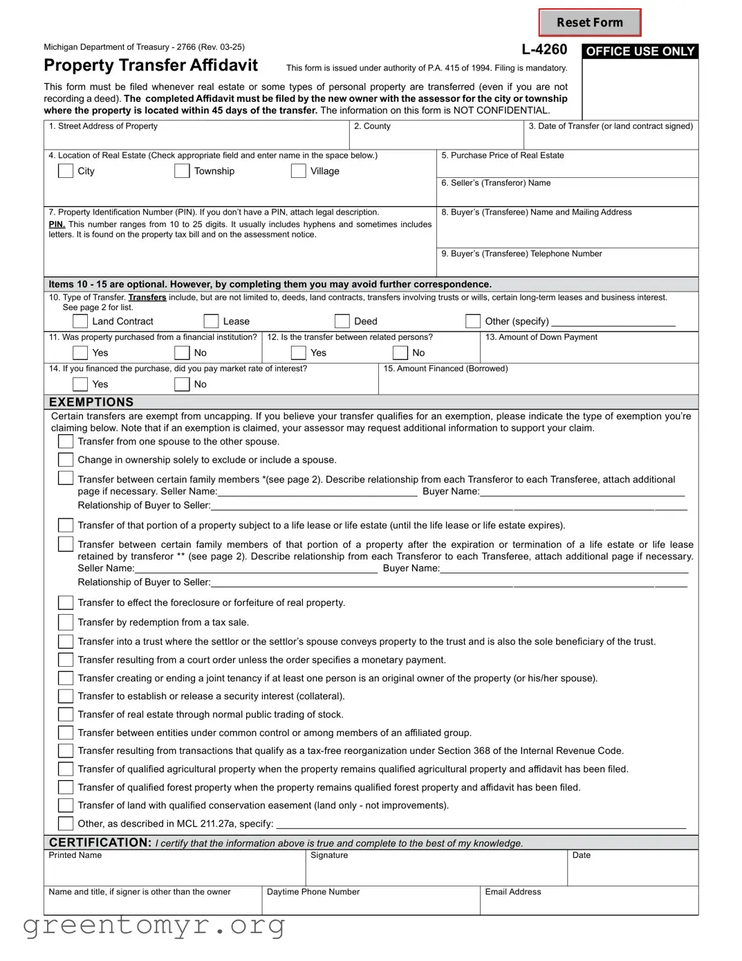 Fill in a Valid Michigan Property Transfer Affidavit 2766 Template