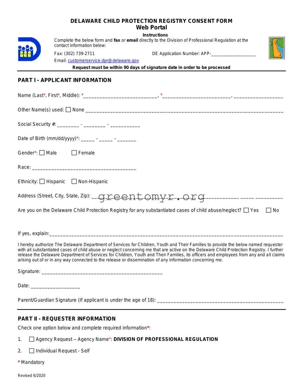 Fill in a Valid Delaware Child Protective Registry Template