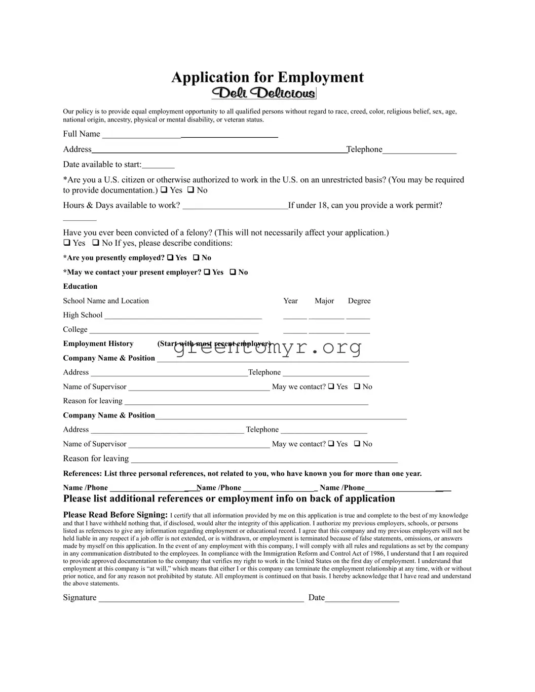 Fill in a Valid Deli Delicious Application Template
