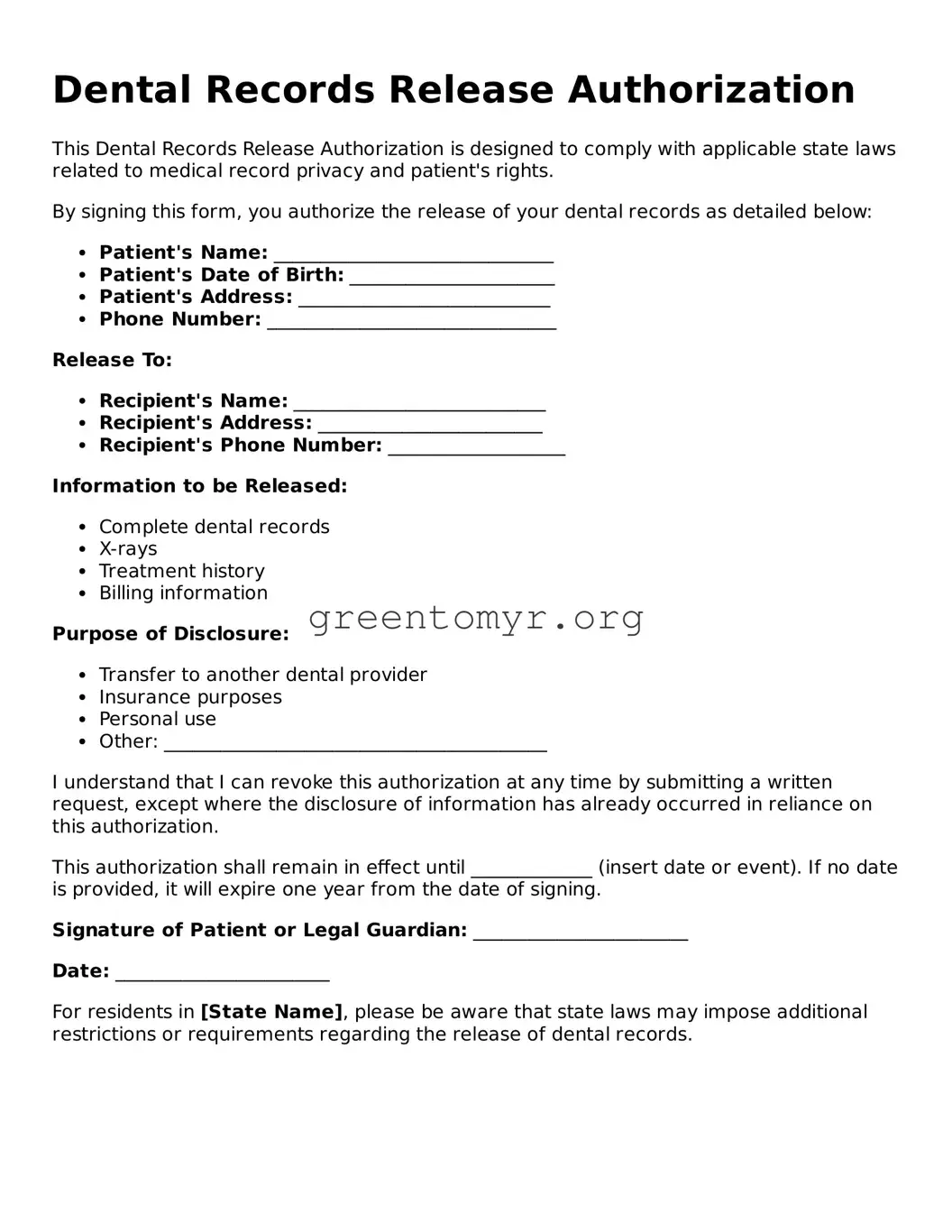 Valid Dental Records Release Form