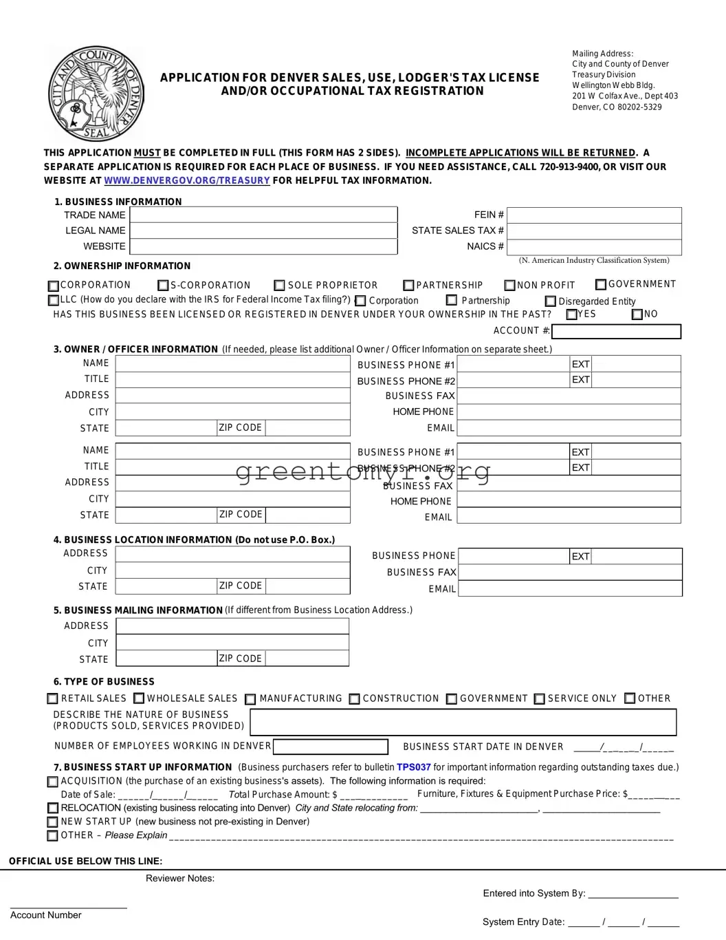 Fill in a Valid Denver Sales Tax Application Template