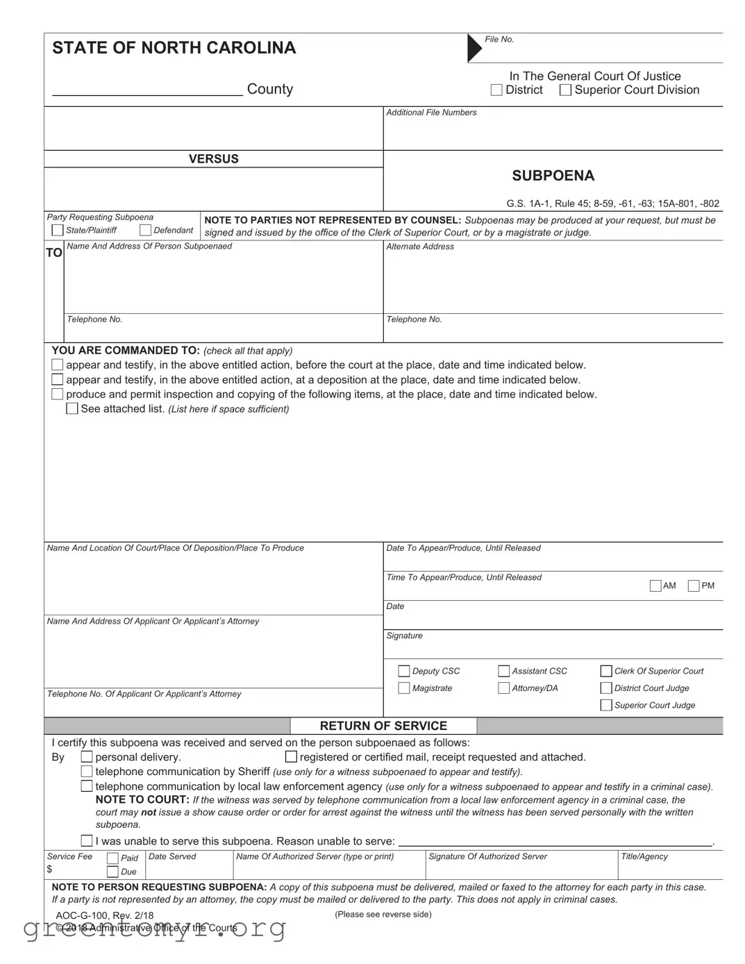 Fill in a Valid Nc Subpoena Template