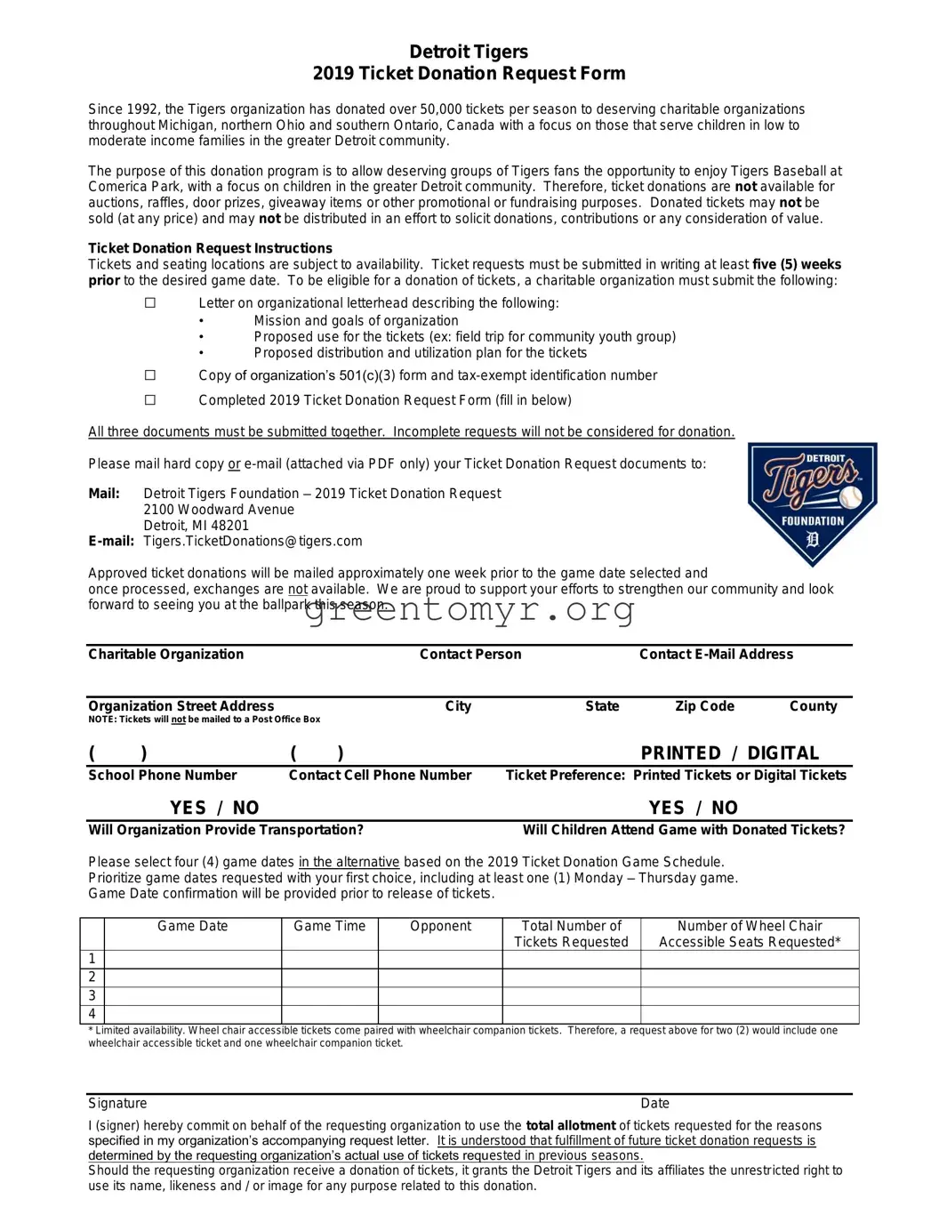 Fill in a Valid Detroit Tigers Donation Request Template