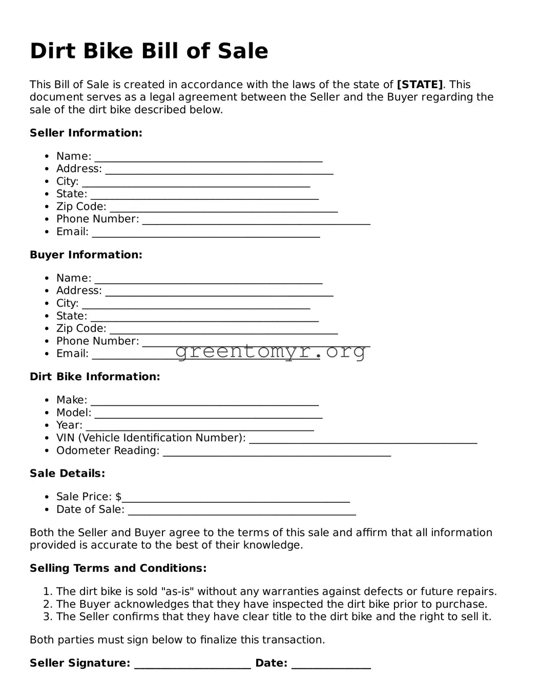 Valid Dirt Bike Bill of Sale Form