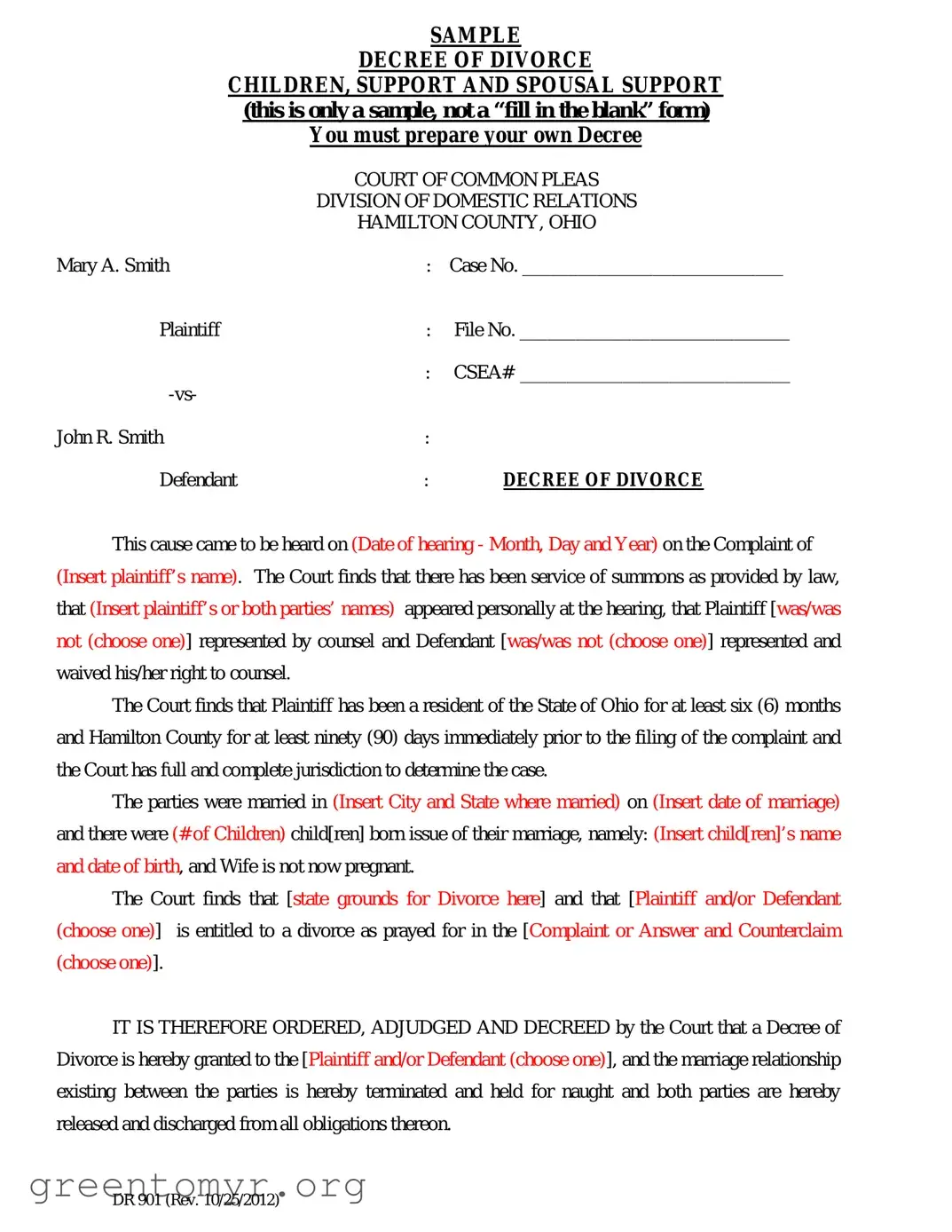 Fill in a Valid Divorce Decree Sample Template