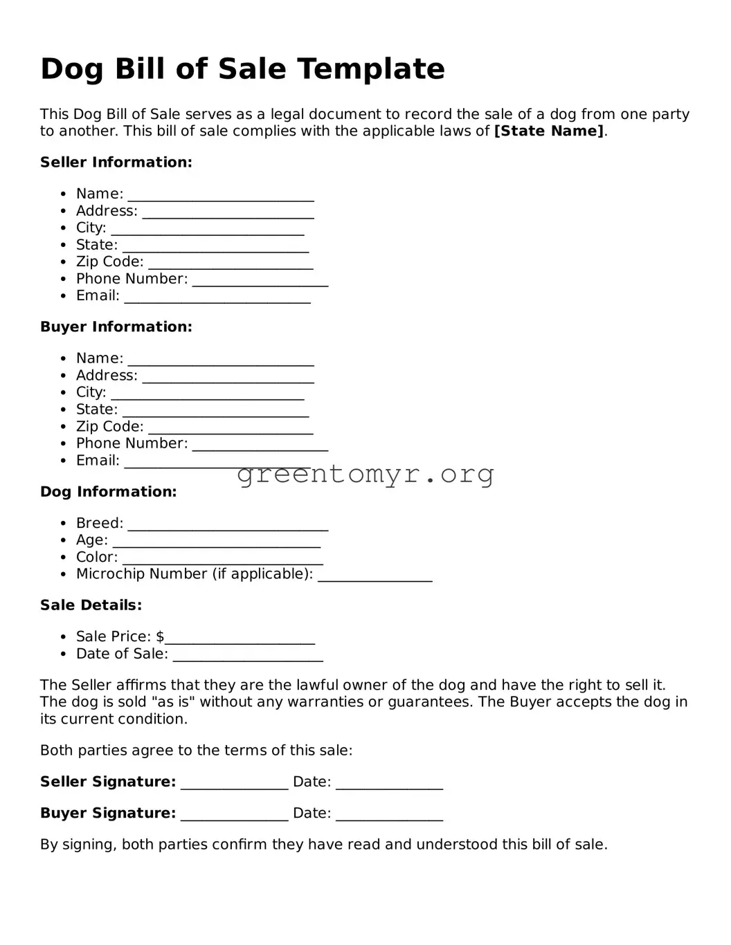 Valid Dog Bill of Sale Form