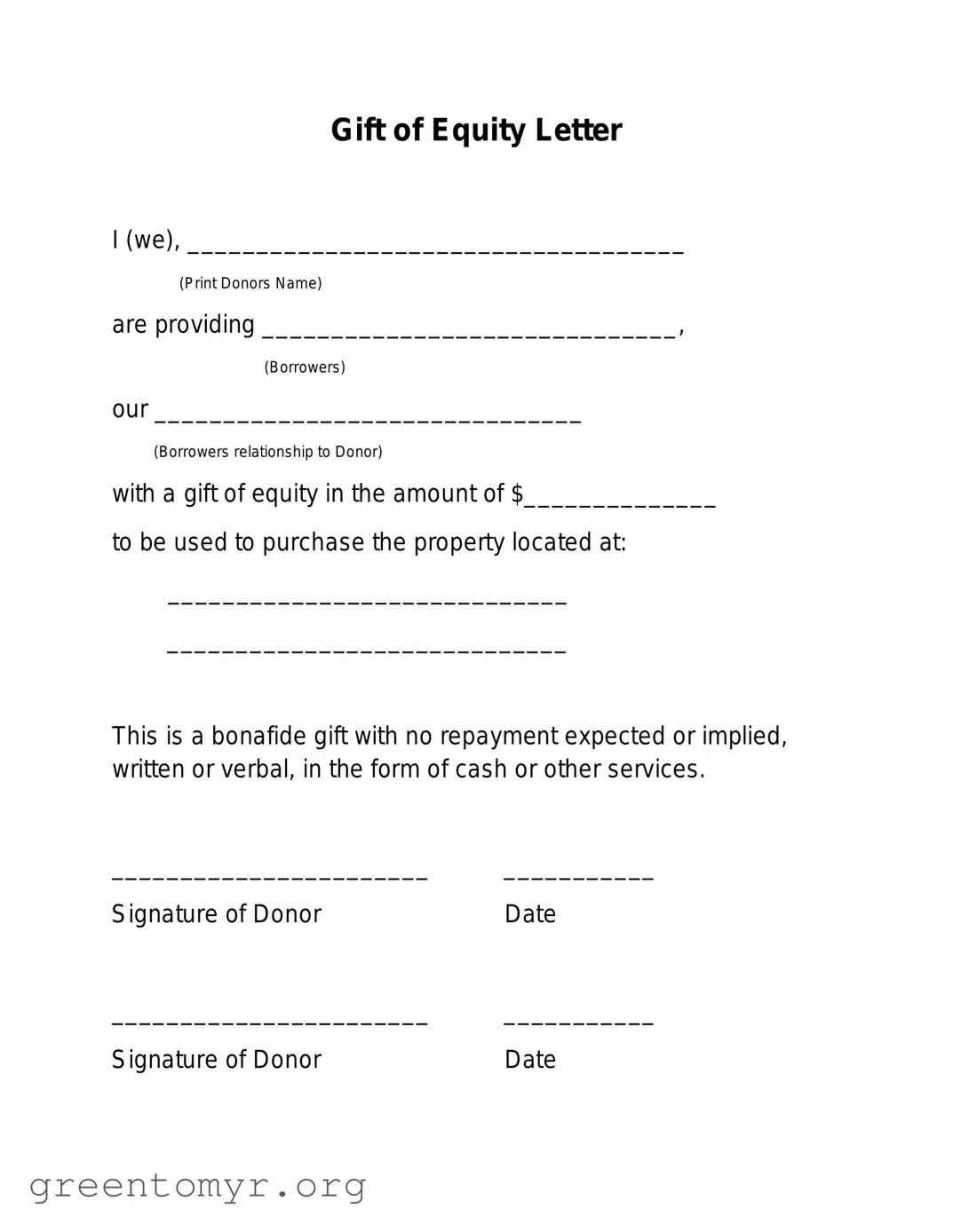 Fill in a Valid Gift Of Equity Letter Template