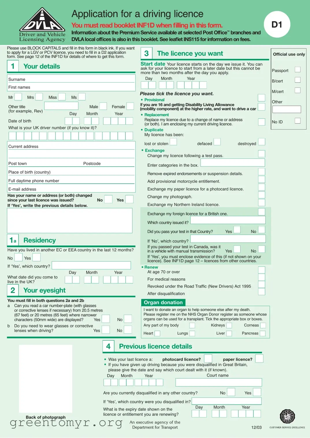 Fill in a Valid D1 Dvla Template