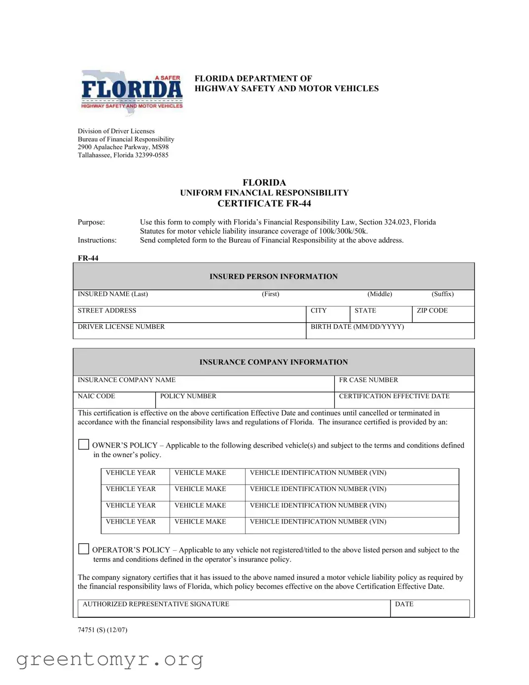 Fill in a Valid Fr44 Florida Template