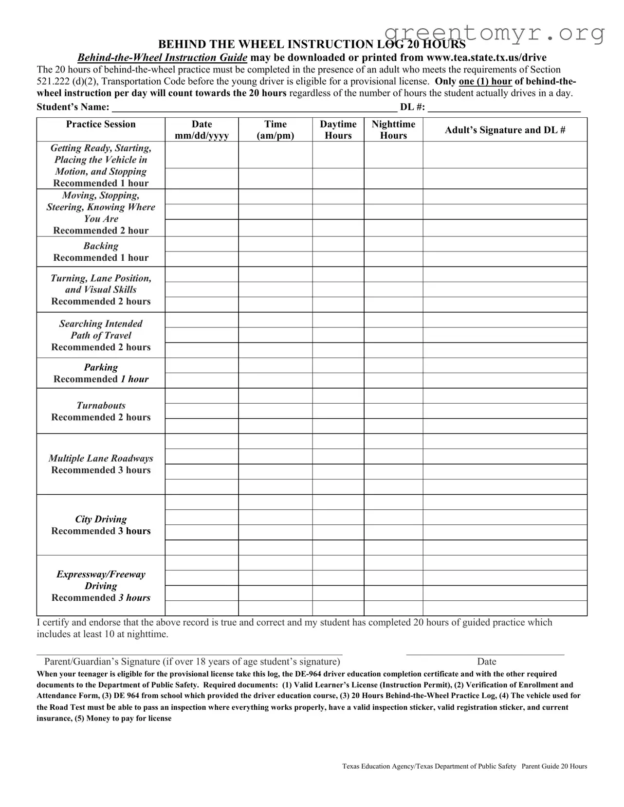 Fill in a Valid Texas Dps Driving Log Template
