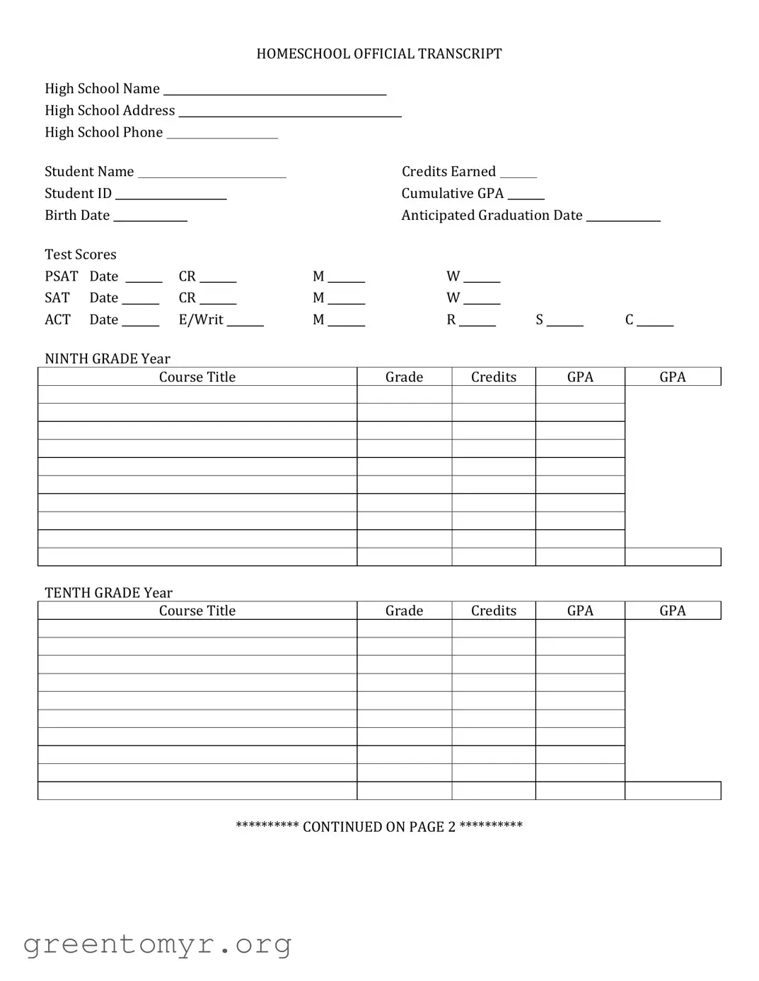 Fill in a Valid High School Transcript Template