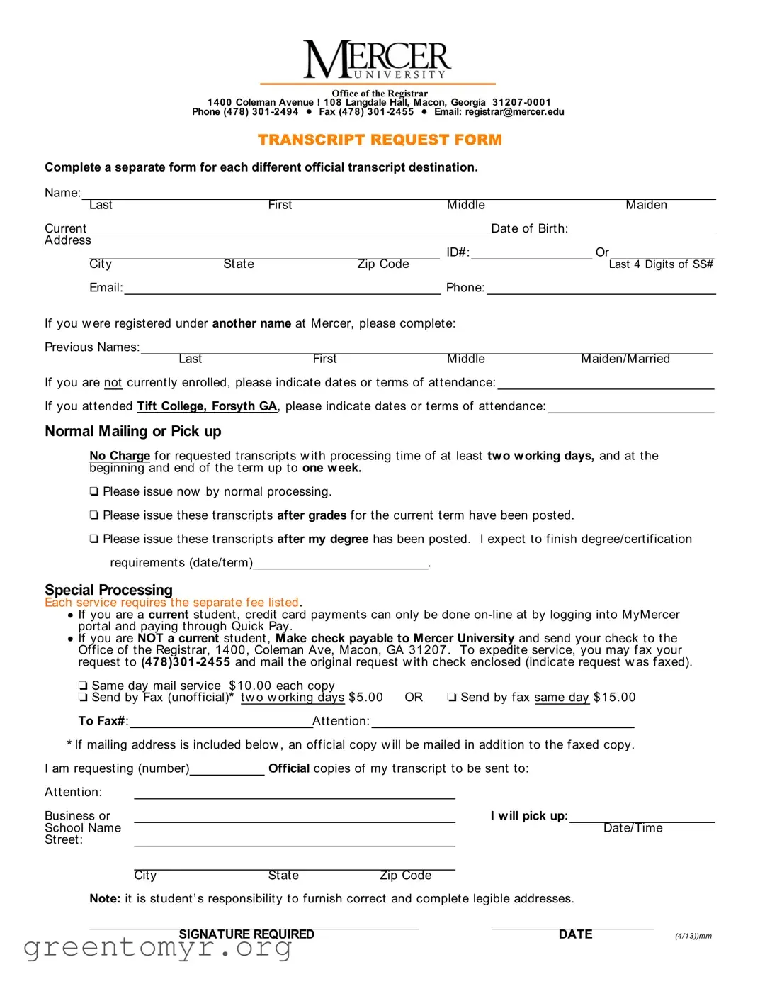 Fill in a Valid Mercer University Transcript Request Template