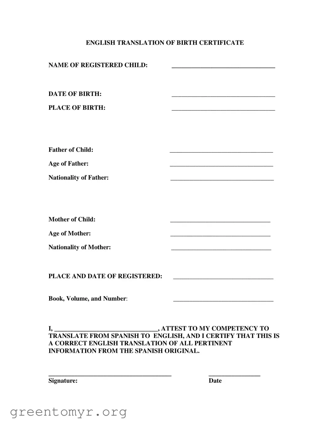 Fill in a Valid Birth Certificate Translation To English Template