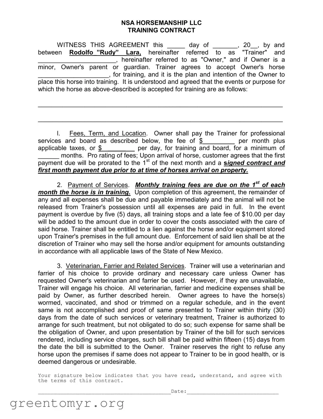 Fill in a Valid Horse Training Contract Template