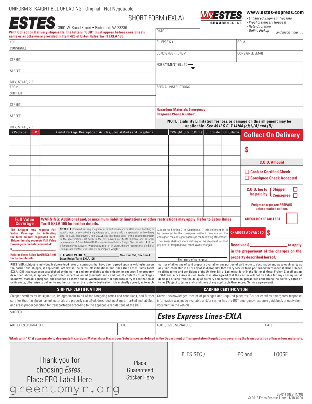 Fill in a Valid Estes Express Bill Of Lading Template
